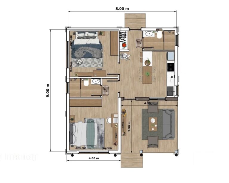 Beautiful Small House 8x9 M House Design Farm House 2 Beds House Plans 3D