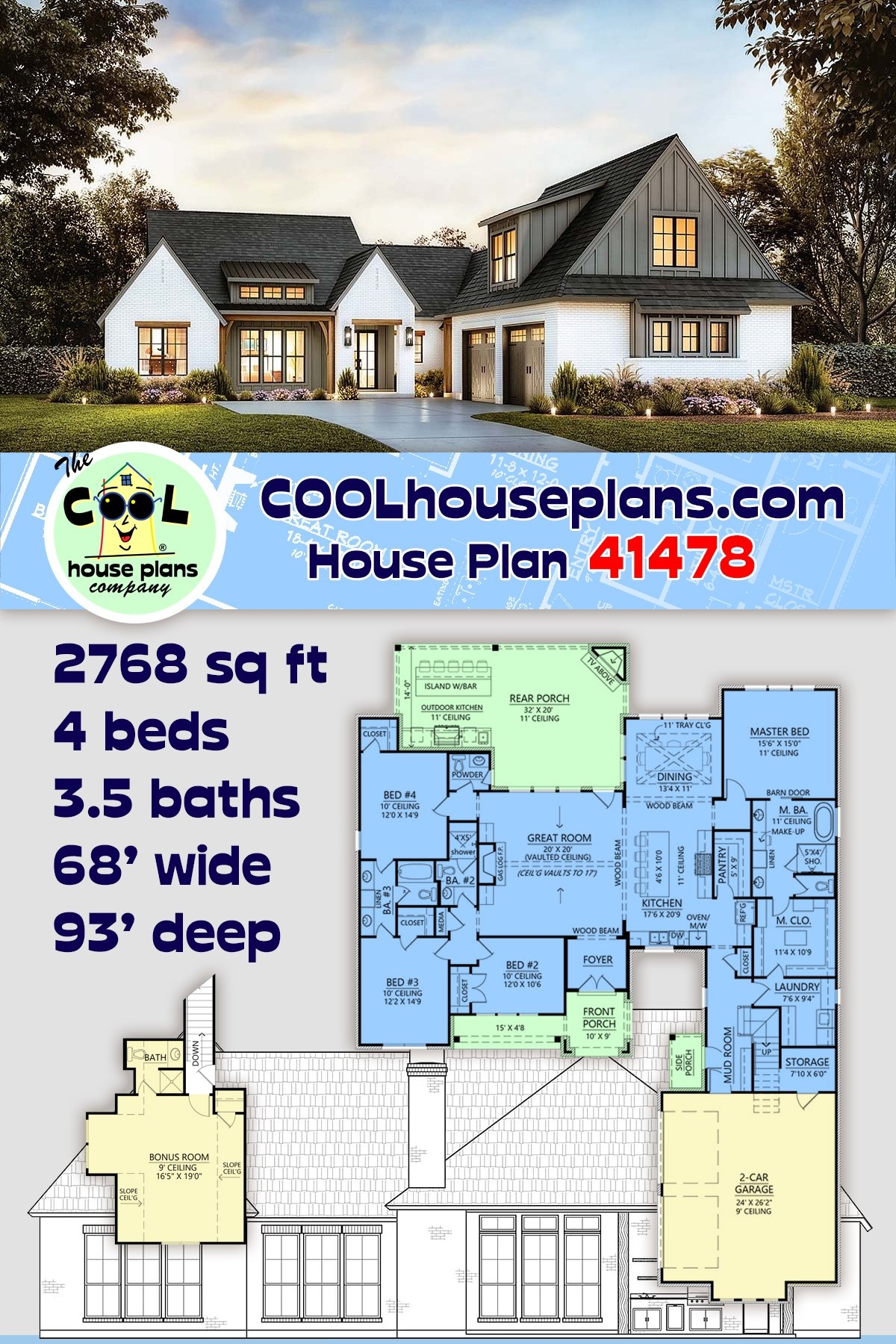 House Plan 41478 Farmhouse Style With 2768 Sq Ft 4 Bed 3 Bath