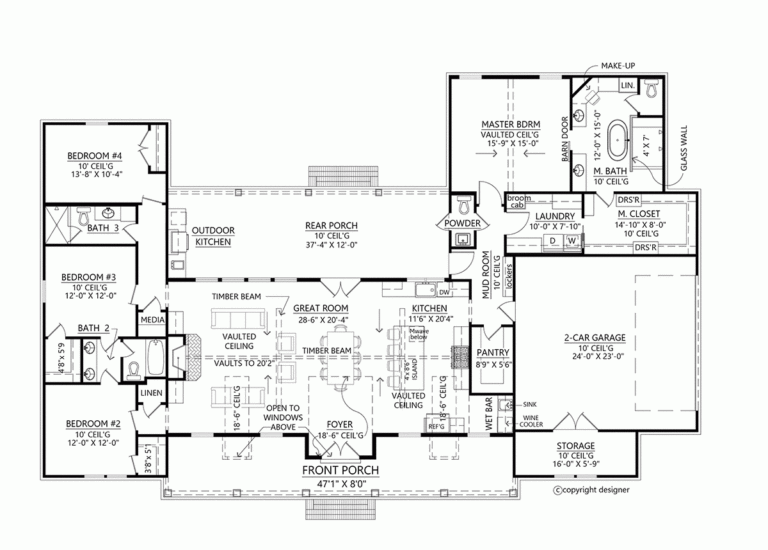 Plan 41434 4 Bedroom Ranch Farmhouse Plan With Outdoor Kitchen