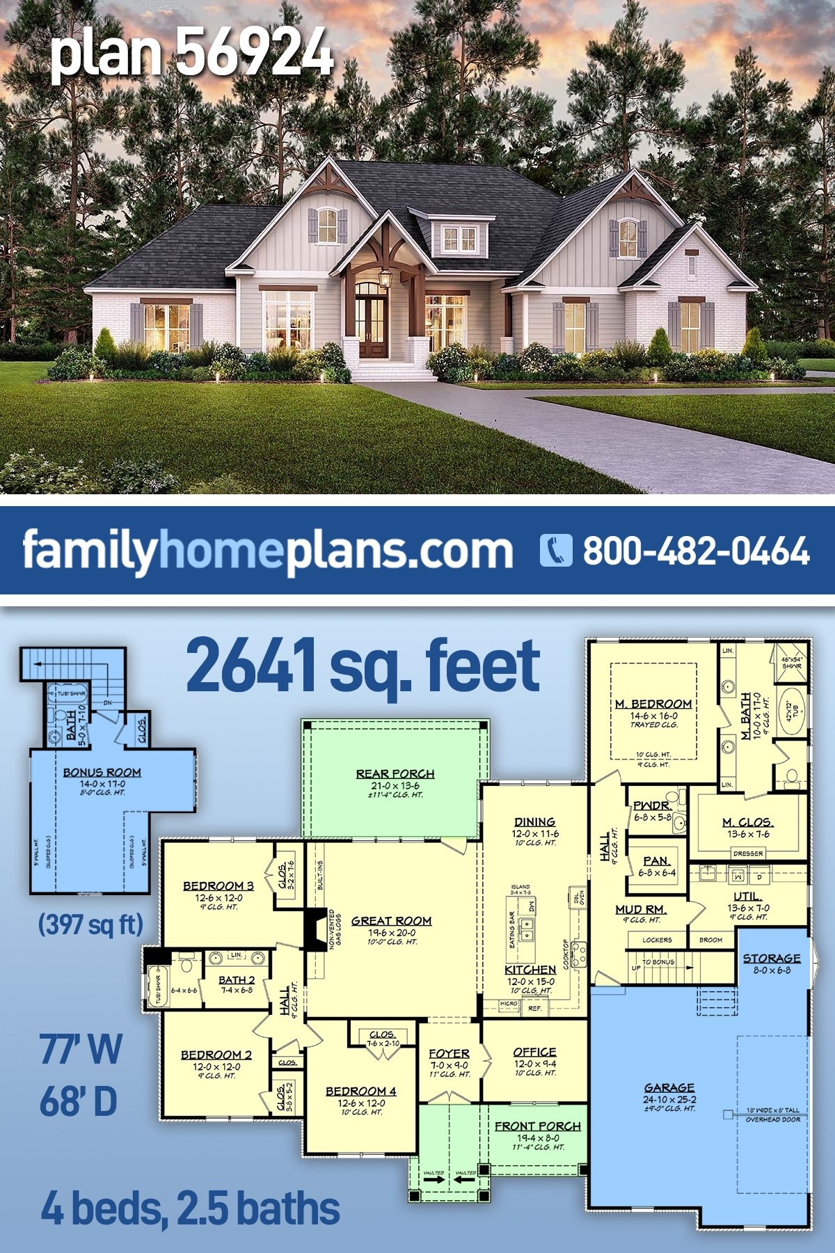 Plan 56924 Craftsman Style Home Plan With 2641 Sq Ft 4 Bedroom