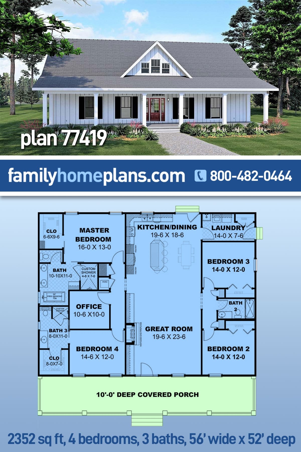 Plan 77419 New One Story House Plan With 2352 Sq Ft 4 Bedrooms 3 Full Baths And A Decorative Gable Plan 77419 New One Story House Plan With 2352 Sq Ft 4 Bedrooms 3 Full Baths And A Decorative Gable