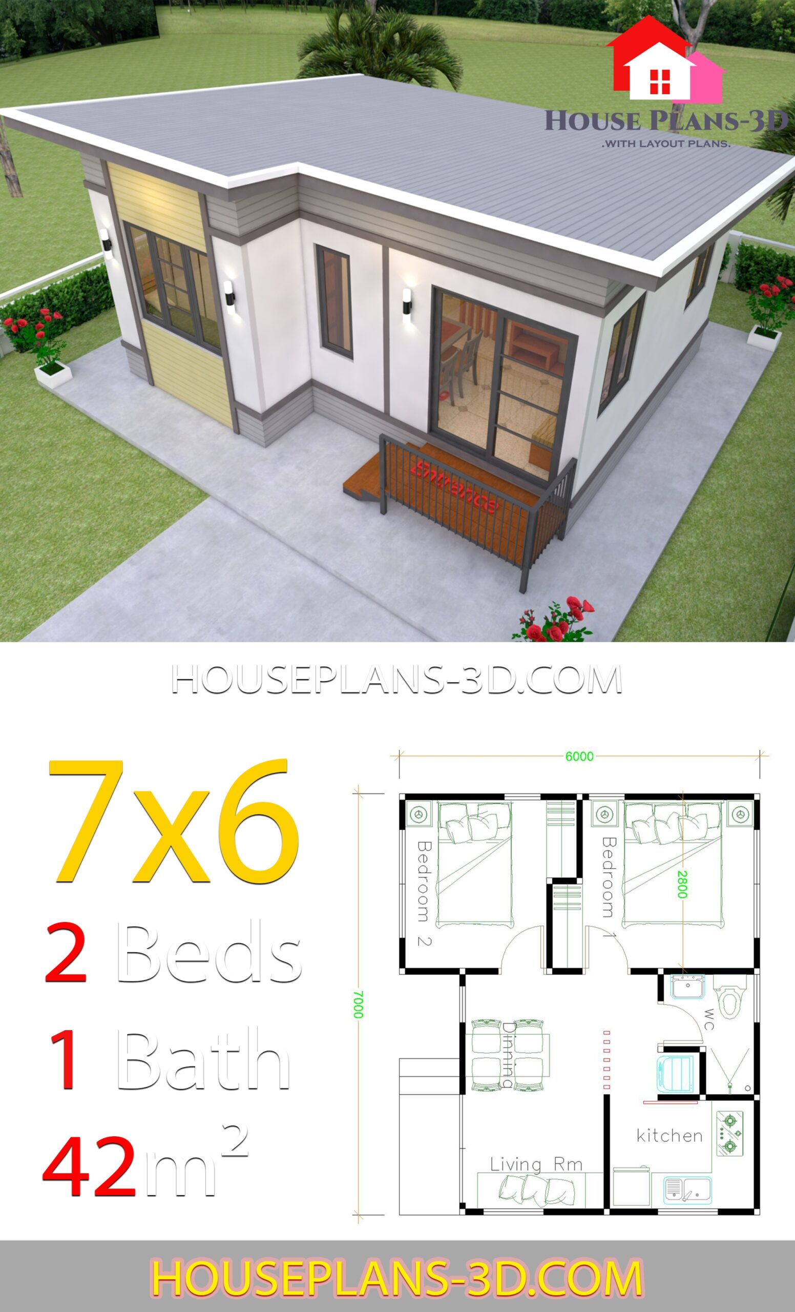 Small House Plans 7x6 With 2 Bedrooms House Plans 3D