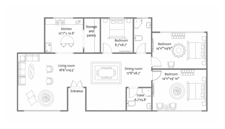 1300 Sq Ft 3 Bedroom House Plan