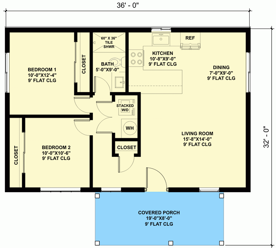 2 Bed Mountain Ranch With Covered Front Porch 864 Sq Ft Floor Plan Luxe Dreamer