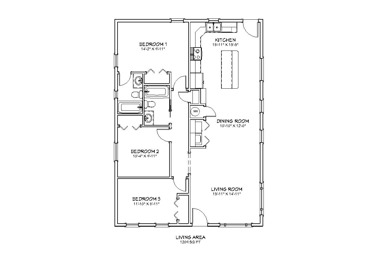 3 Bedroom 2 Bath Narrow Cottage Architectural Plans 1209 SF 29 x41 Compact Home Floor Plan 1 Story Single Family House Plans Blueprint Etsy