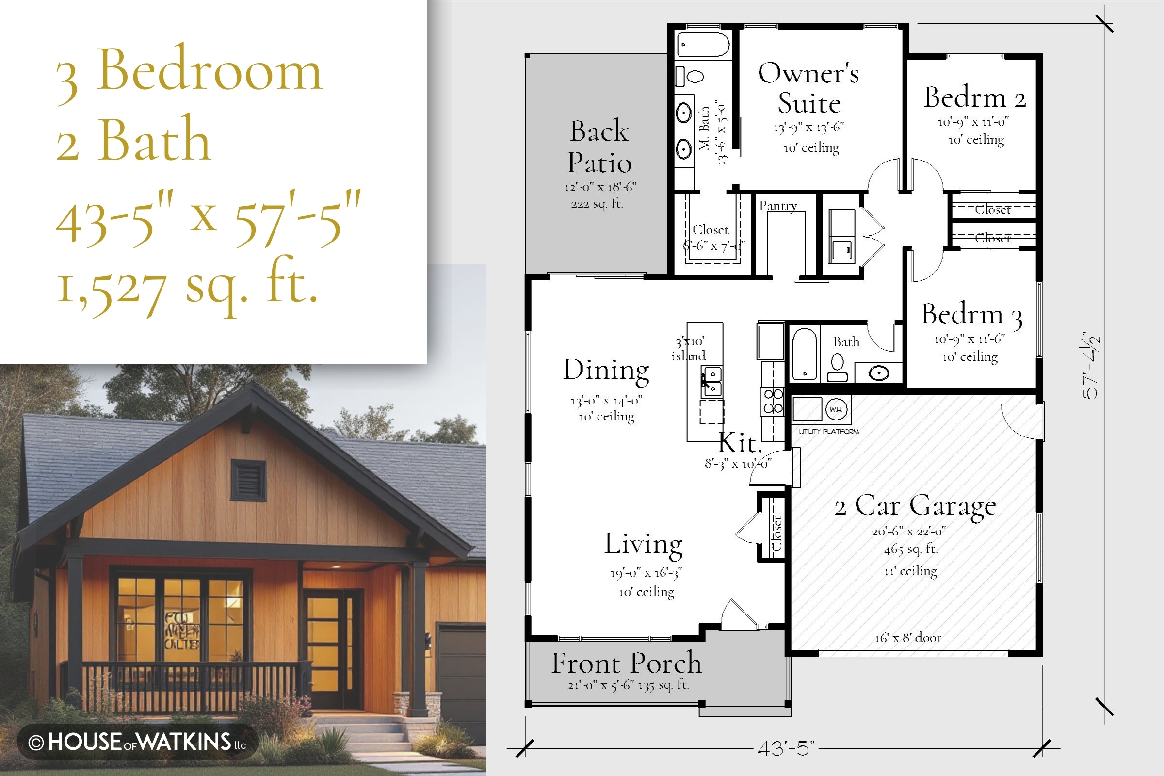 3 Bedroom 2 Bath Small Rustic House Plan With 2 Car Garage