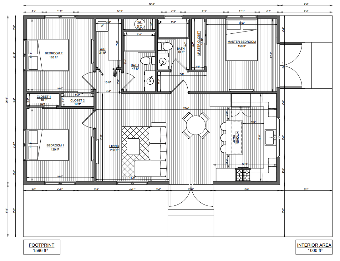 3 Bedroom 1000 Sqft House Plan