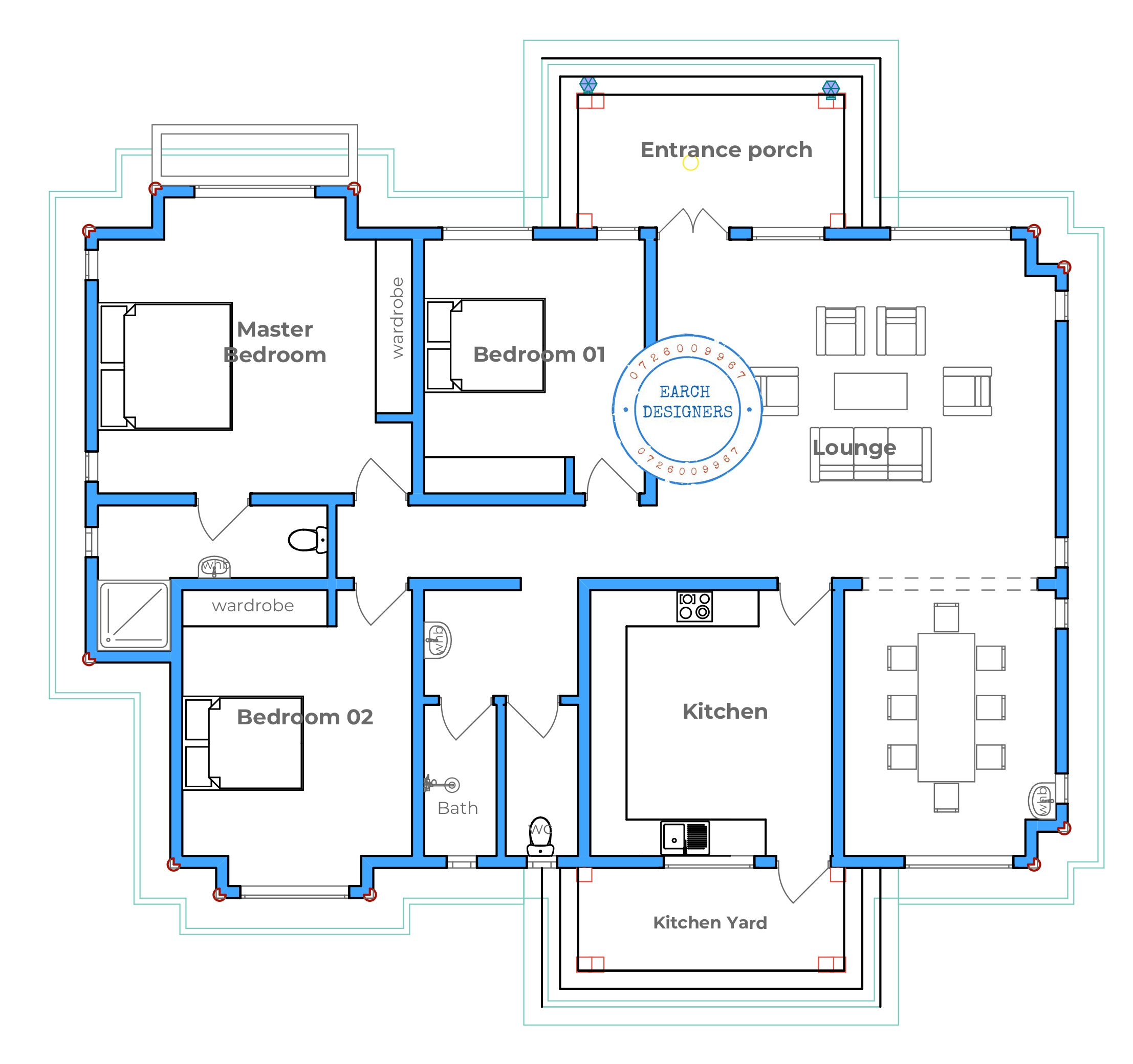3 Bedroom Bungalow plan With Measurement 