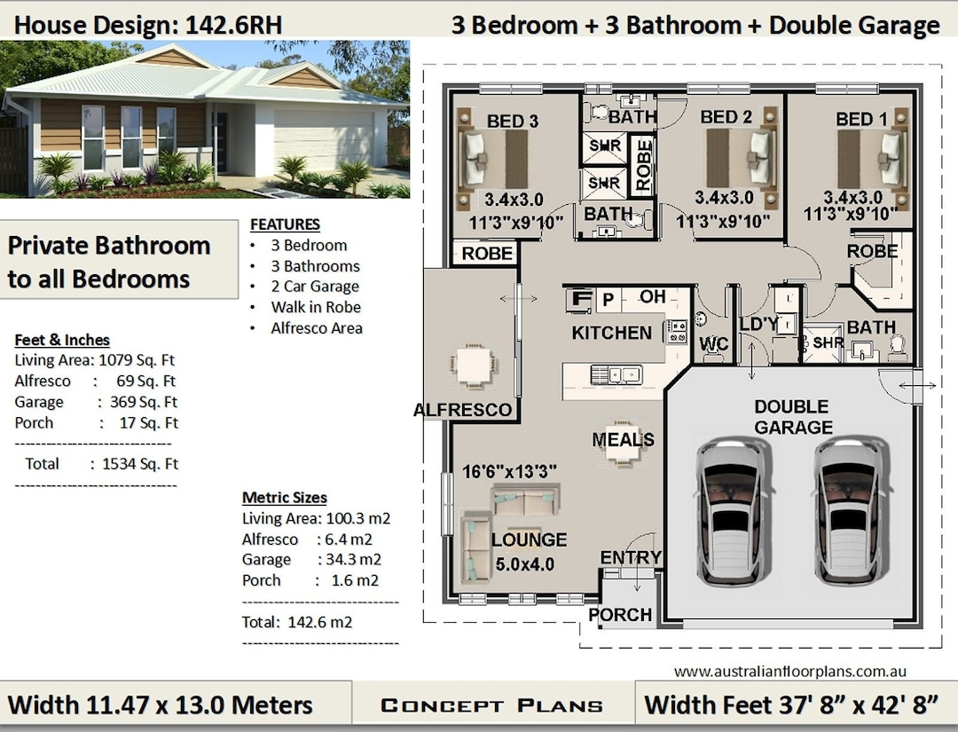 3 Bedroom House Plan 1079 Sq Feet Or 100 M2 Private Bathroom To All Bedrooms Best Selling 3 Bedroom House Plans Etsy