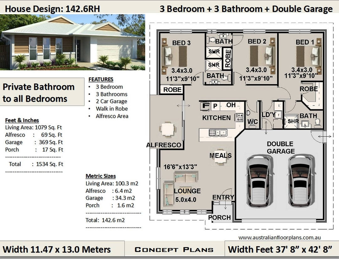 3 Bedroom House Plan 1079 Sq Feet Or 100 M2 Private Bathroom To All Bedrooms Best Selling 3 Bedroom House Plans Etsy