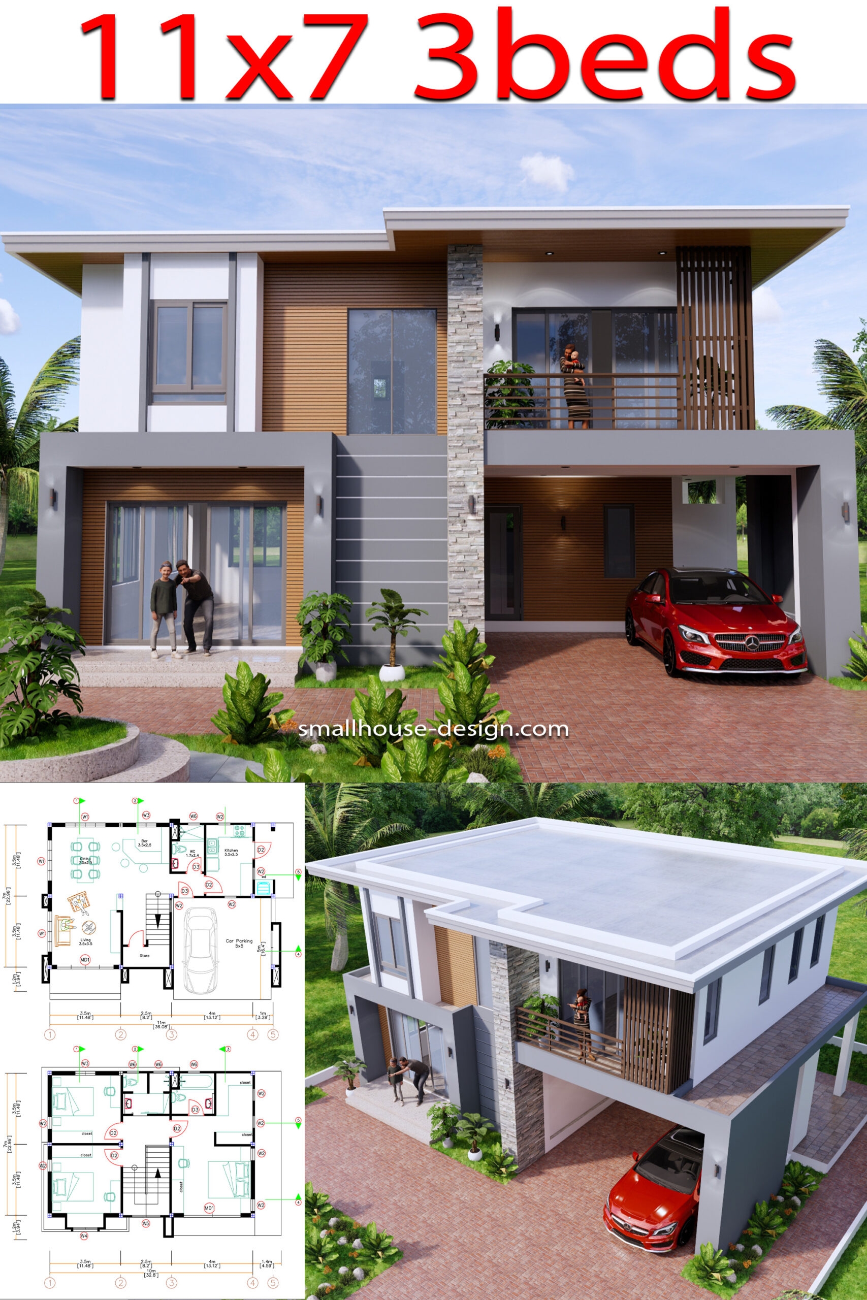 3 Bedrooms House Design 11x7 Meter Flat Roof Small House Design Plan 3 Bedrooms House Design 11x7 Meter Flat Roof Small House Design Plan