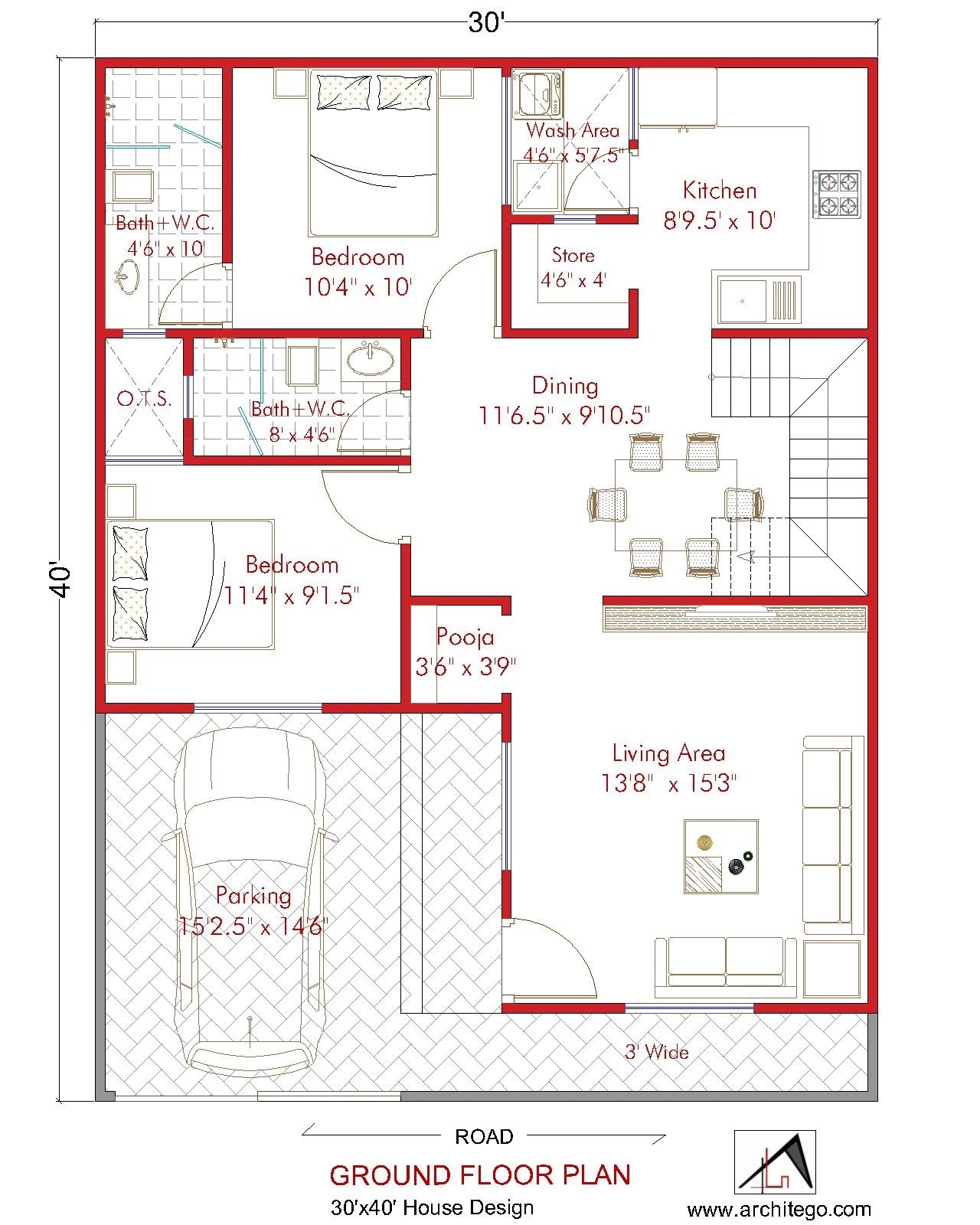 30 40 House Plan 2 BHK With Car Parking 1200 Sq Ft Architego