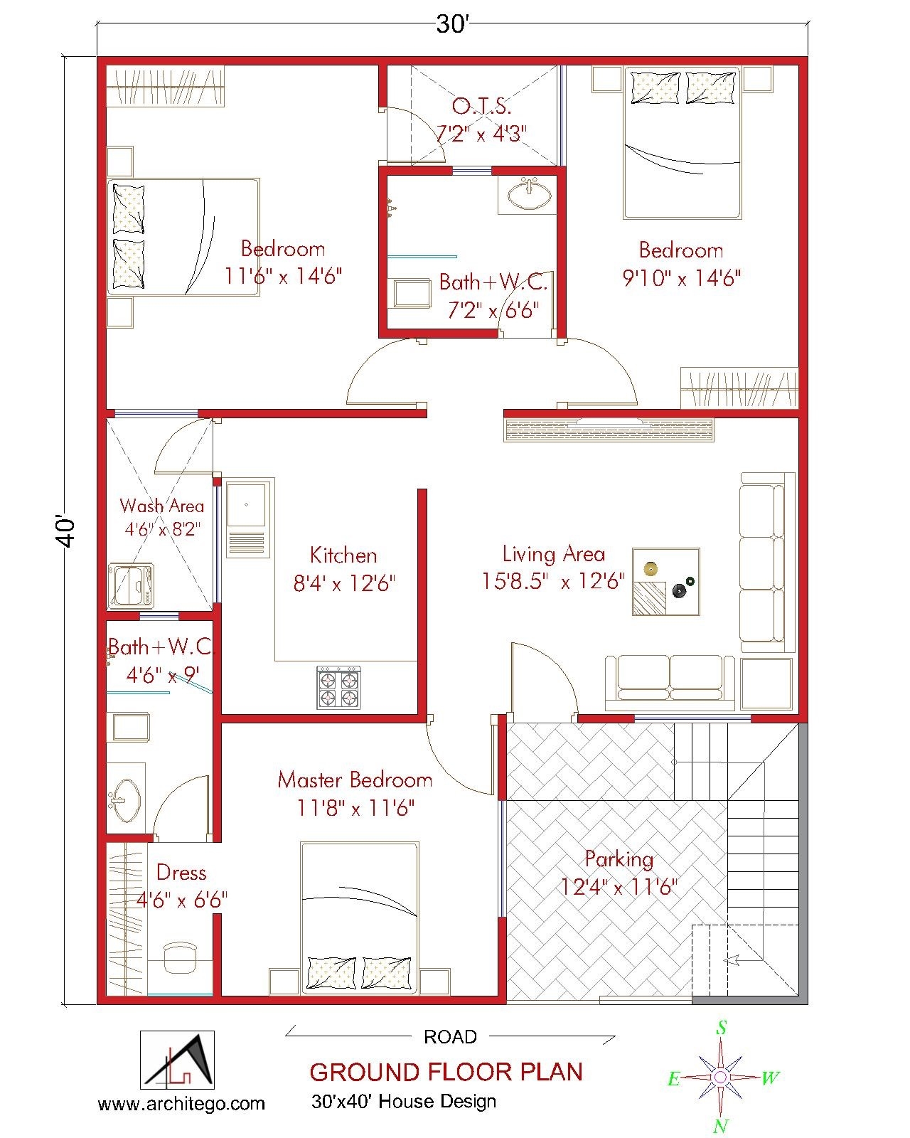 30 40 House Plan 3 BHK North Facing Architego 30 40 House Plan 3 BHK North Facing Architego