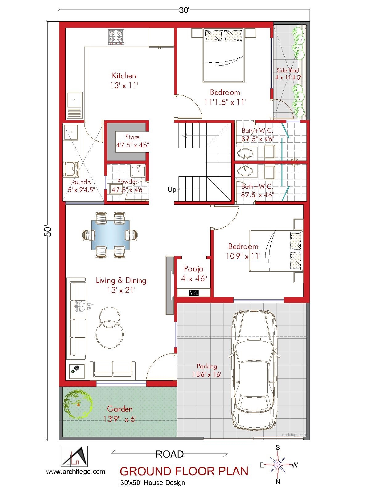 30 50 House Plan 2 BHK North Facing With Vastu Architego 30 50 House Plan 2 BHK North Facing With Vastu Architego
