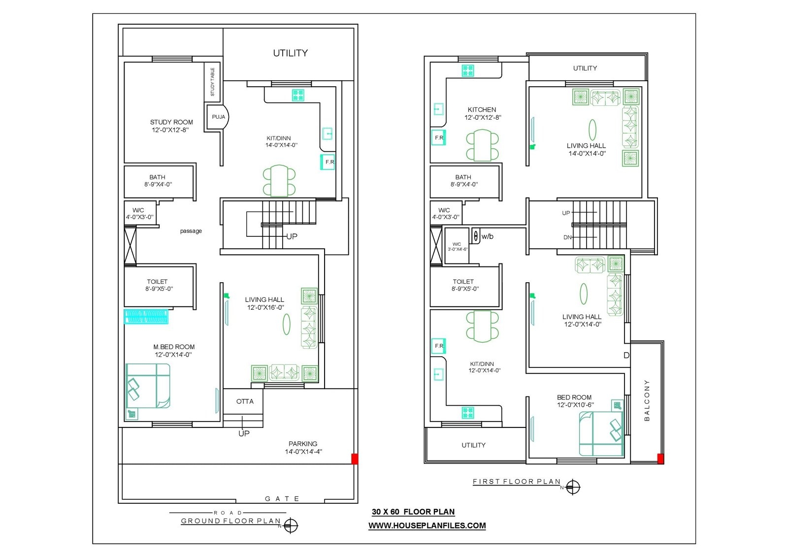 30x60 House Plans 2 Bedroom