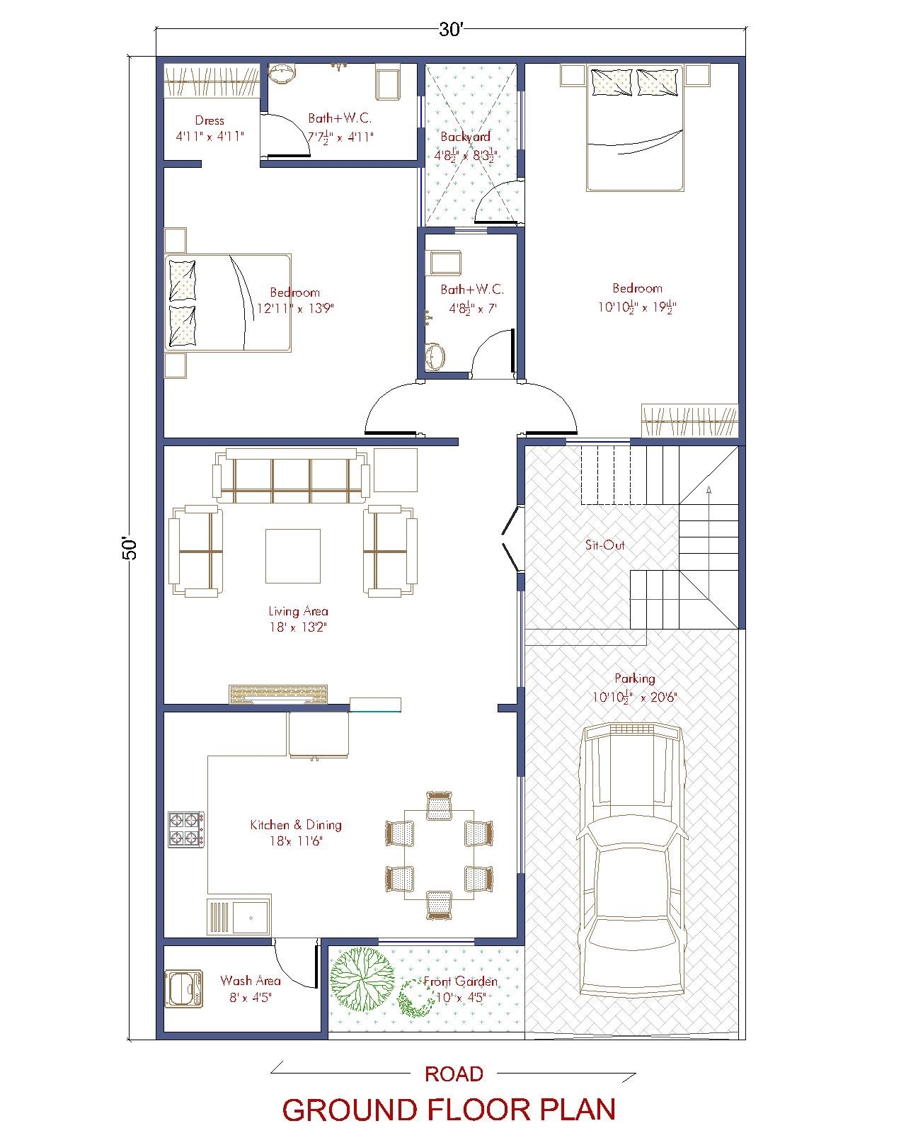 30 X 50 House Plan 2BHK Architego 30 X 50 House Plan 2BHK Architego