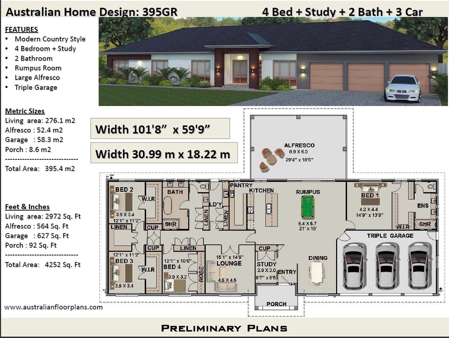 395 M2 Or 4252 Sq Foot Australian 4 Bed Study Home Plans For Sale Country Ranch Style Modern House Design Triple Garage Design Etsy