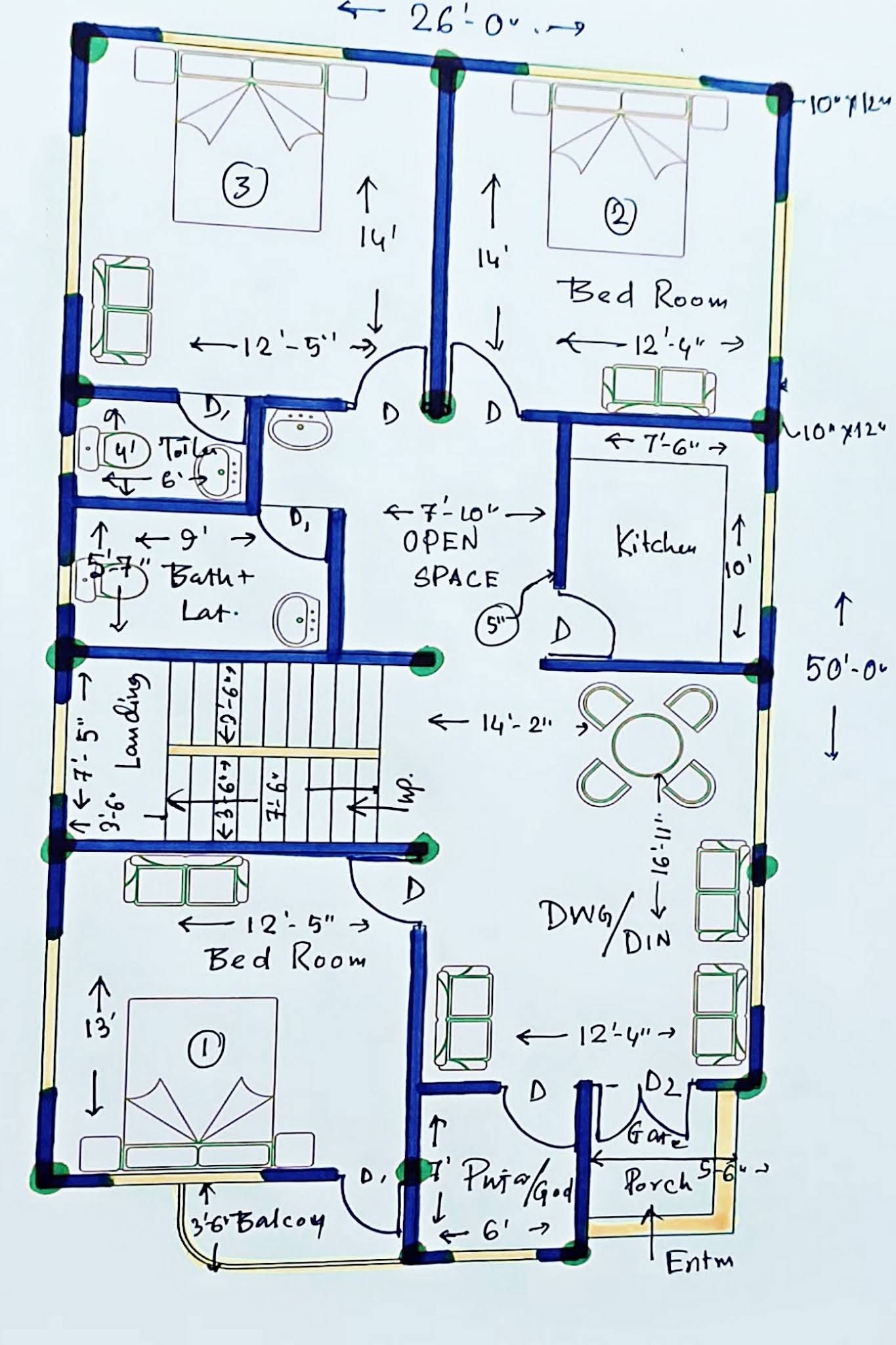 3BHK 26 50 House Plan East Facing Small House 1300 Sq Ft