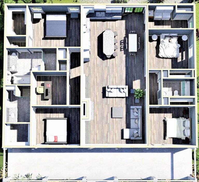 3D floor plan 4 bedroom southern style house plan 77419 