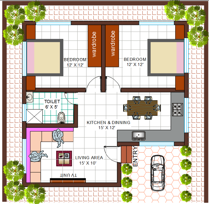 40 X 40 Sqft House Plan With Car Parking Design DWG File Cadbull