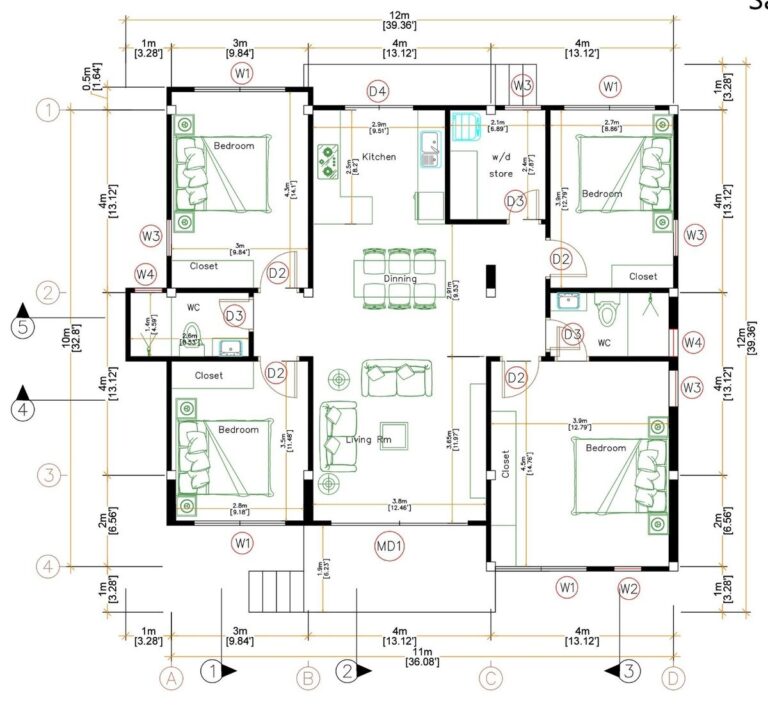 40x40 Feet House Plans 12x12 Meter 4 Bedrooms 2 Baths Gable Roof A4 Hard Copy EBay UK