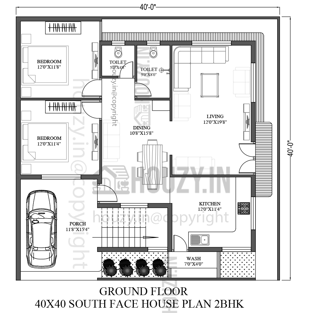 40x40 House Plans South Facing 1600sft 2bhk South Facing House HOUZY IN
