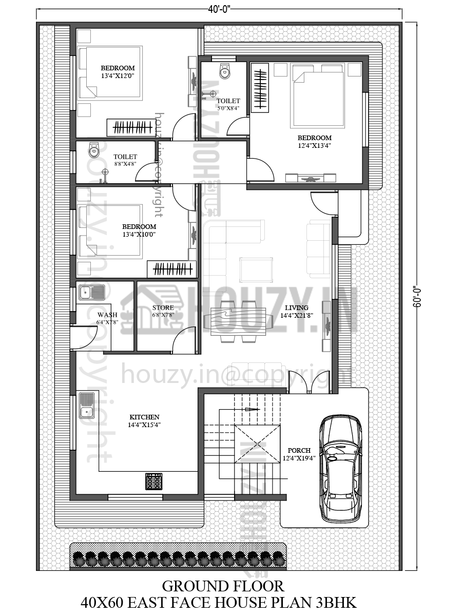 40x60 House Plans East Facing 3BHK East Facing 40 60 House Plan HOUZY IN