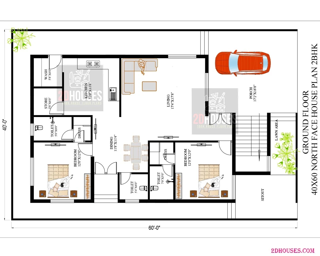 40x60 Modern North Face 2 Bedroom House Design 2DHouses Free House Plans 3D Elevation Design