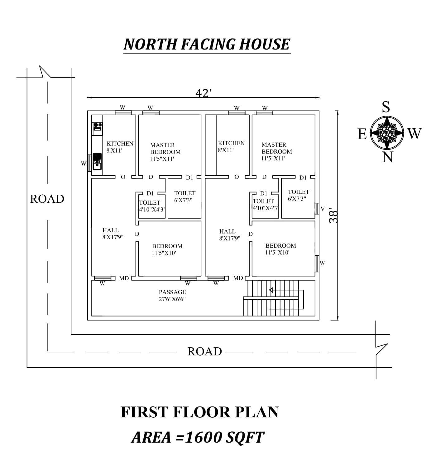 42 X38 Amazing North Facing Double 2bhk House Plan As Per Vastu Shastra Autocad DWG And Pdf File Details Cadbull