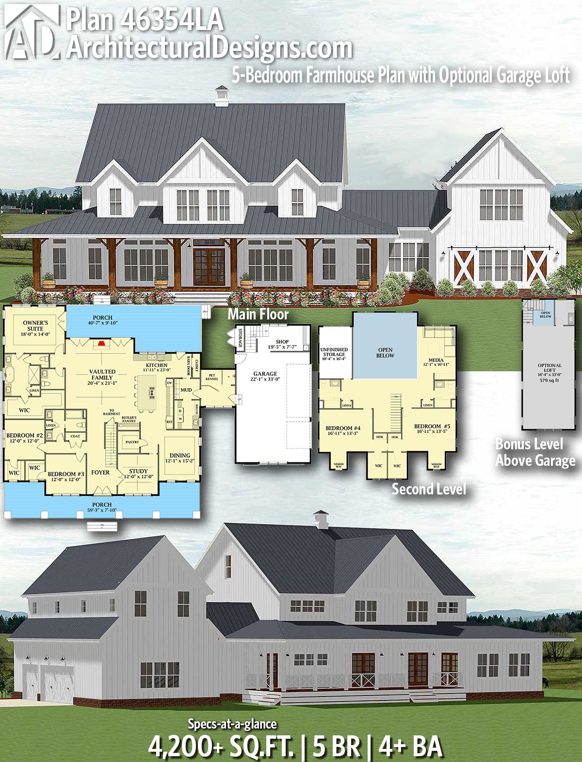 5 Bedroom Farmhouse Plan With Optional Garage Loft 46354LA Architectural Designs House Plans 5 Bedroom Farmhouse Plan With Optional Garage Loft 46354LA Architectural Designs House Plans