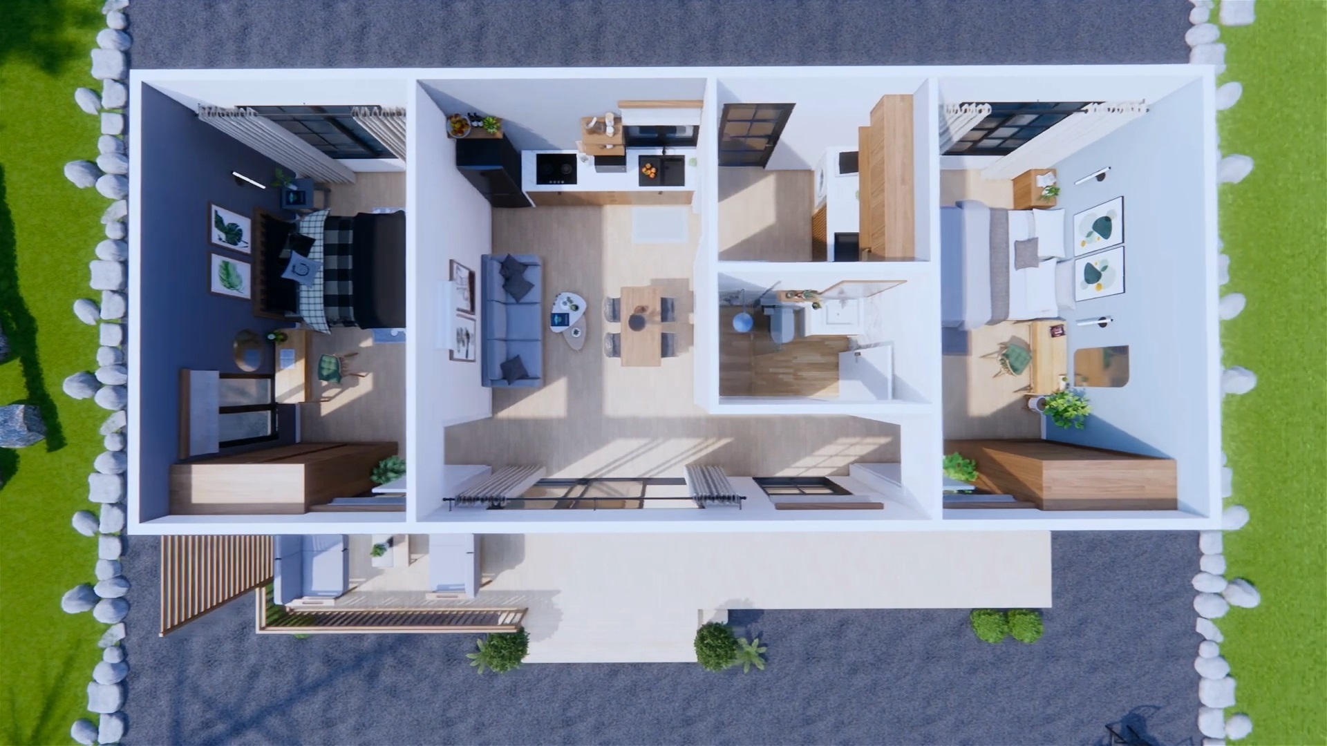 Beautiful Farmhouse With Nature 5x12 M 2 Bedrooms House Plans 3D