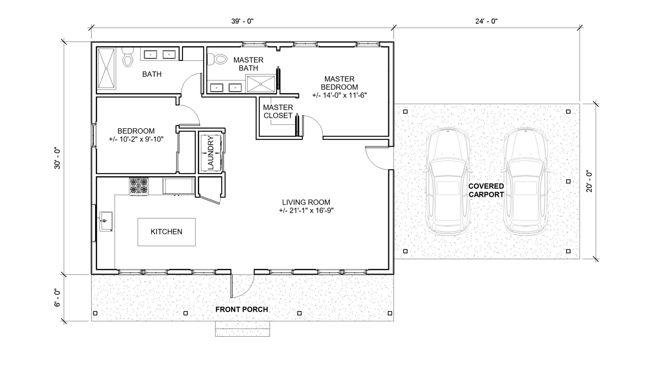 Classic Compact Barndominium 2 Car Carport 2 Bed 2 Bath 39 x30 1170 SF Custom House Plans And Blueprints Etsy