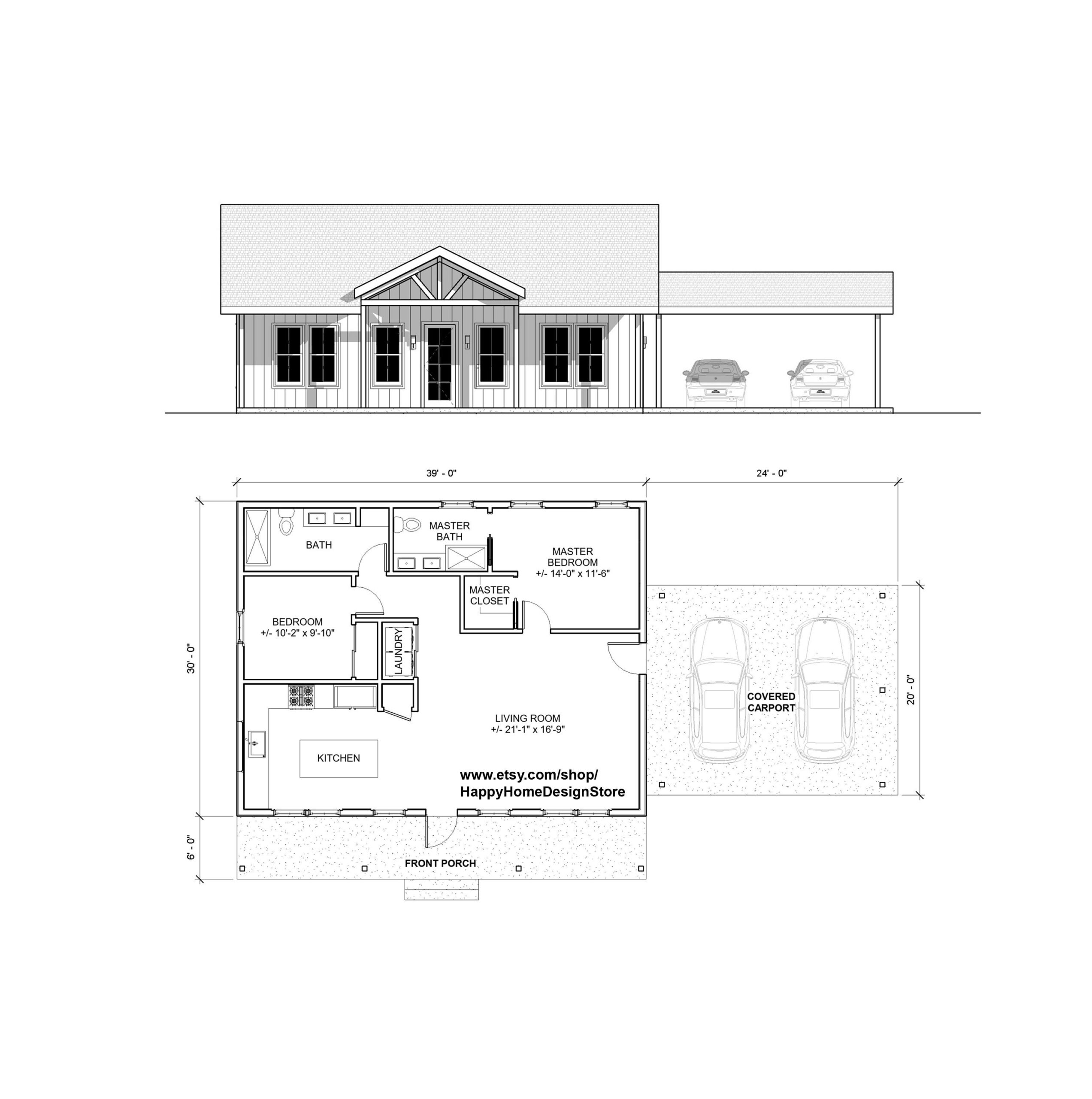 Classic Compact Barndominium 2 Car Carport 2 Bed 2 Bath 39 x30 