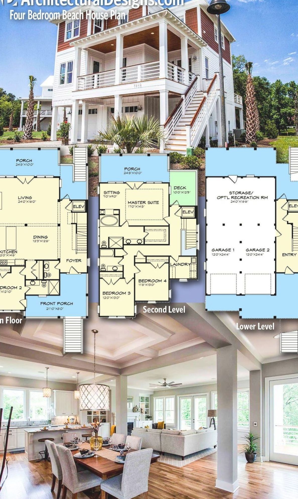 Coastal Home Plan 15009NC With 4 Bedrooms U0026 3 Baths
