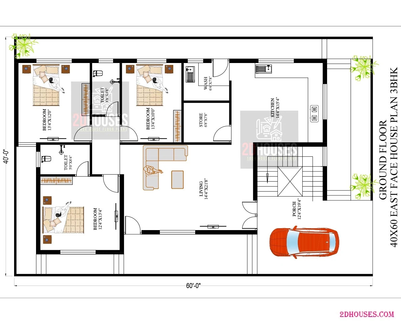East Facing 3 Bedroom Vastu House Plan For 40x60 2DHouses Free House Plans 3D Elevation Design