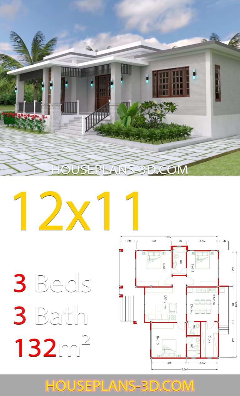 Home Design 12x11 With 3 Bedrooms Terrace Roof House Plans 3D