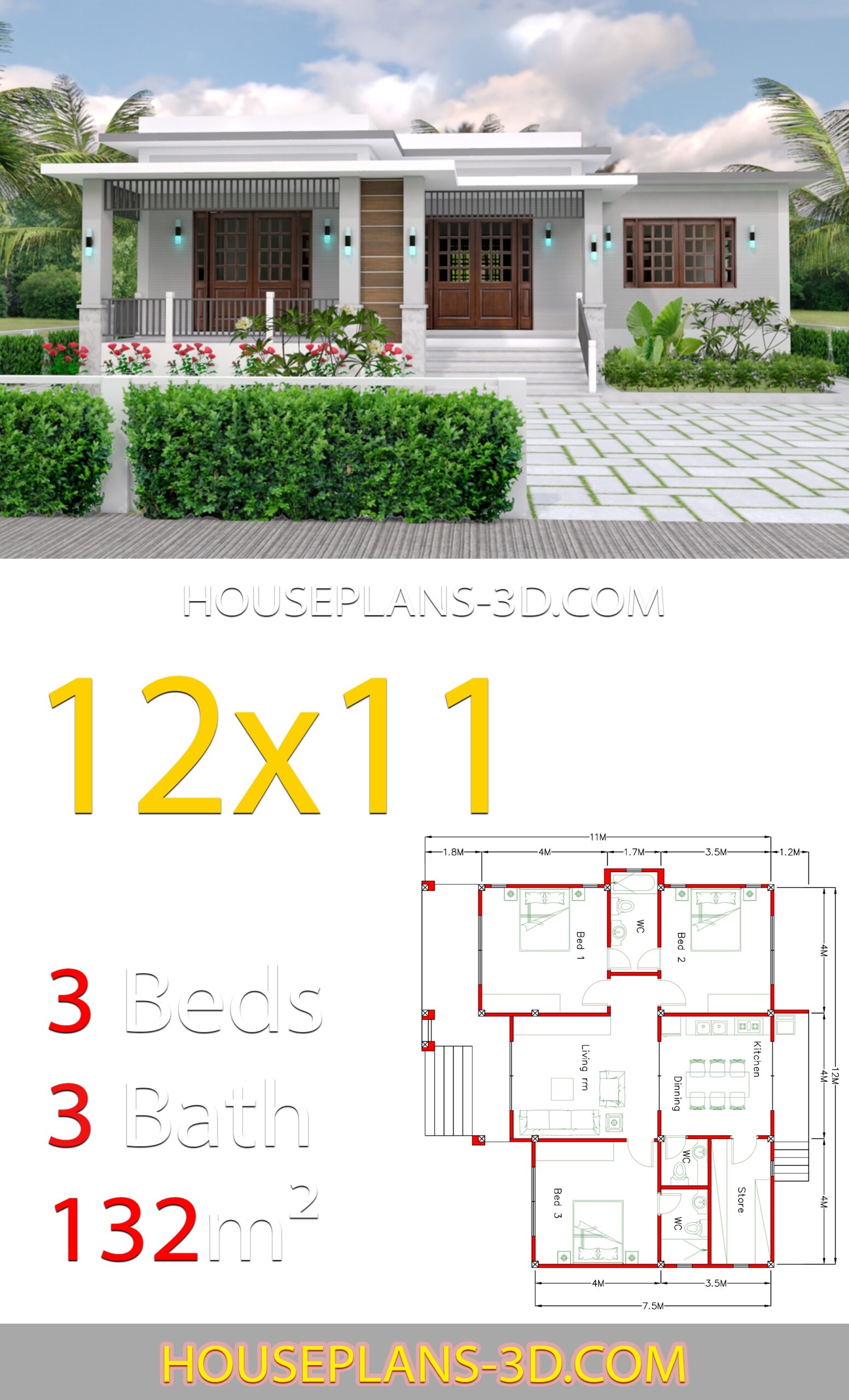 3 Bedroom Small House Plans 3d