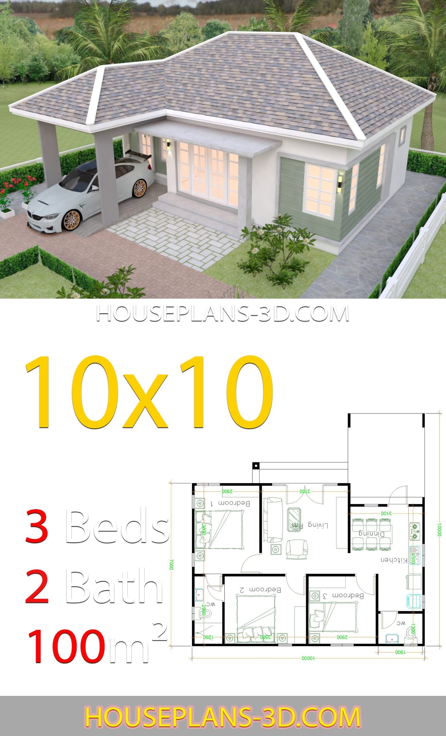 House Design 10x10 With 3 Bedrooms Hip Roof House Plans 3D House Design 10x10 With 3 Bedrooms Hip Roof House Plans 3D