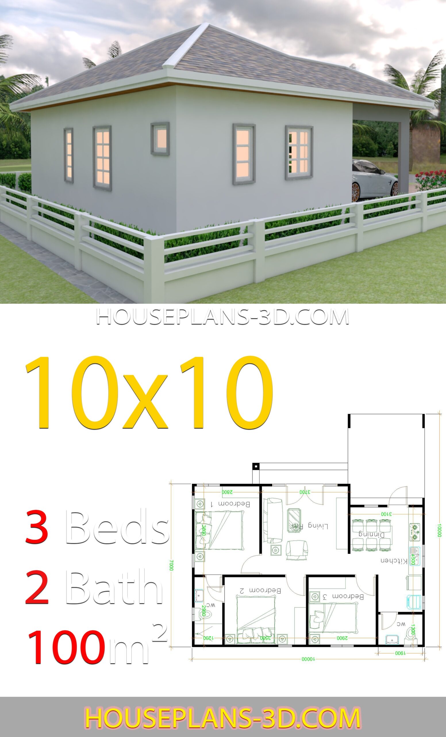 House Design 10x10 With 3 Bedrooms Hip Roof House Plans 3D House Design 10x10 With 3 Bedrooms Hip Roof House Plans 3D