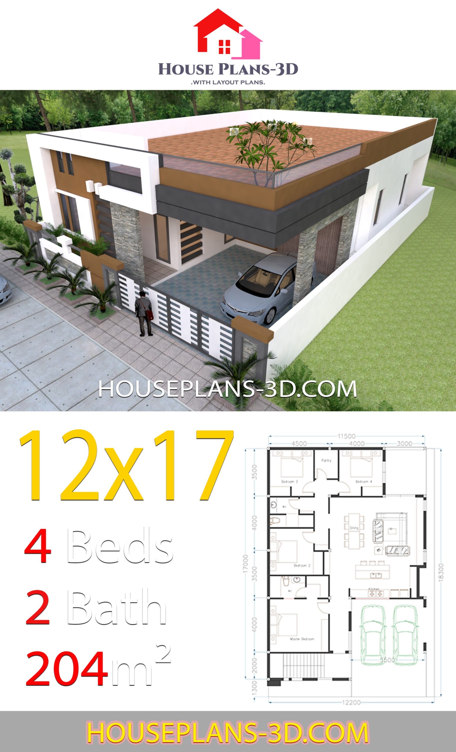 House Design 12x17 With 4 Bedrooms Terrace Roof House Plans 3D House Design 12x17 With 4 Bedrooms Terrace Roof House Plans 3D