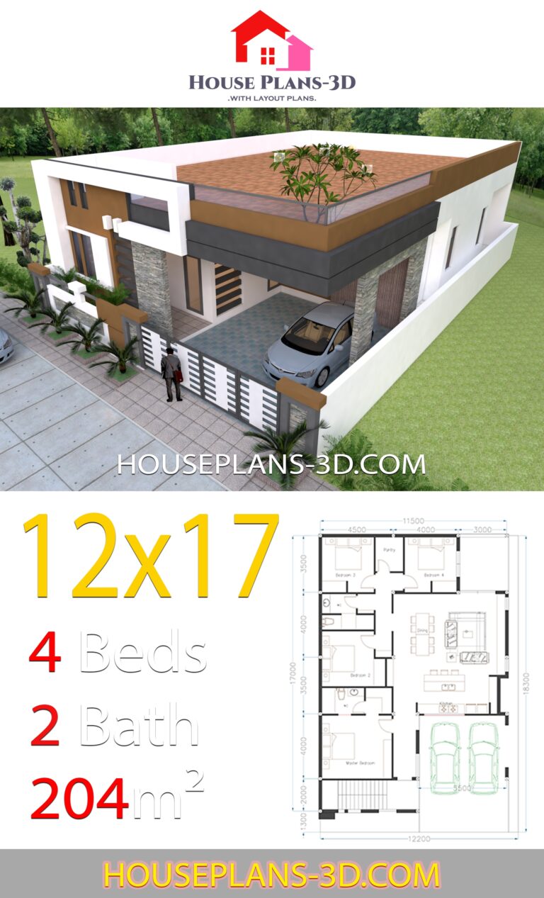 House Design 12x17 With 4 Bedrooms Terrace Roof House Plans 3D