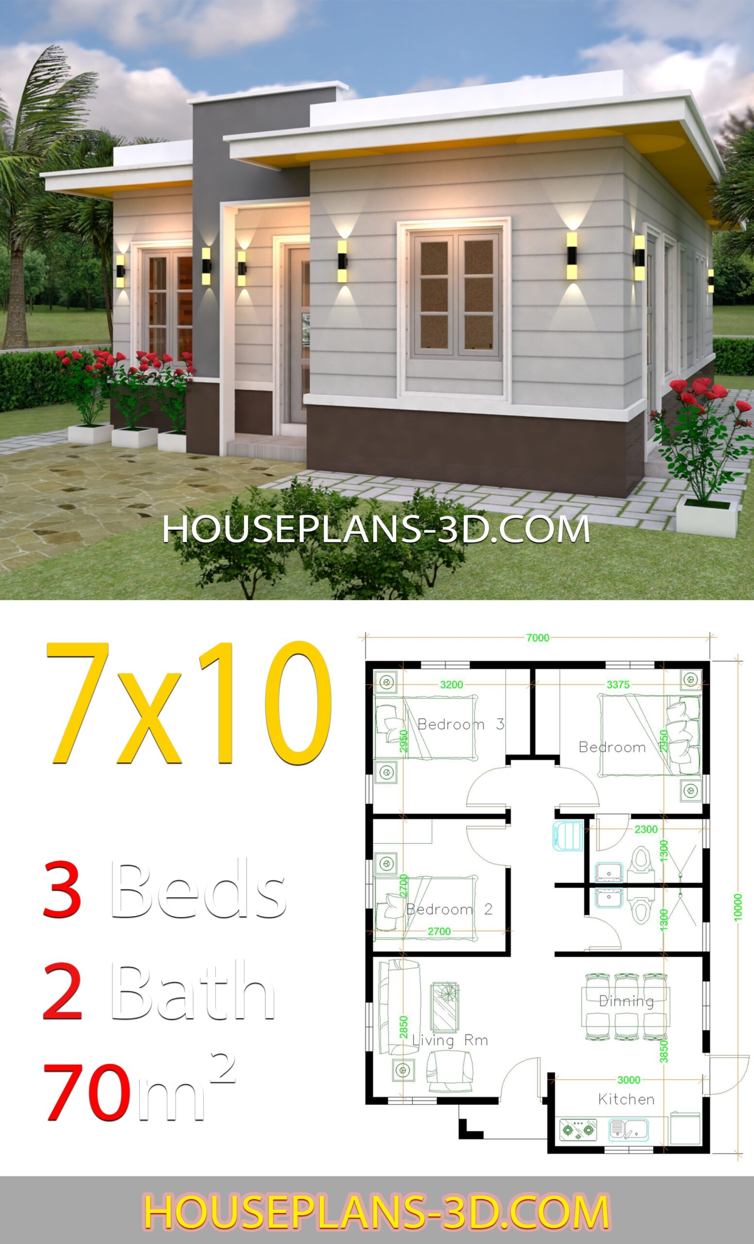 House Design 7x10 With 3 Bedrooms Terrace Roof House Plans 3D
