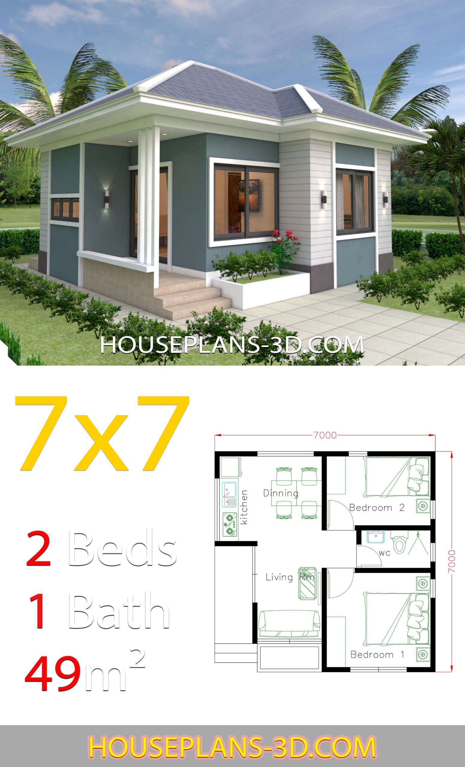 House Design 7x7 With 2 Bedrooms Full Plans House Plans 3D House Design 7x7 With 2 Bedrooms Full Plans House Plans 3D