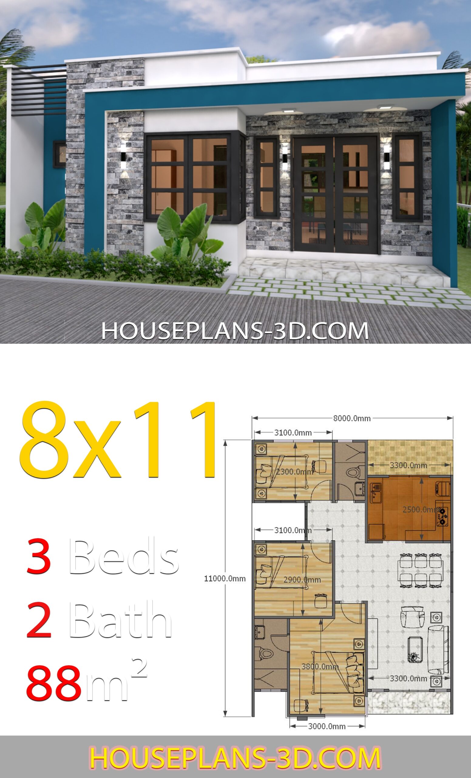 House Design 8x11 With 3 Bedrooms Full Plans House Plans 3D House Design 8x11 With 3 Bedrooms Full Plans House Plans 3D