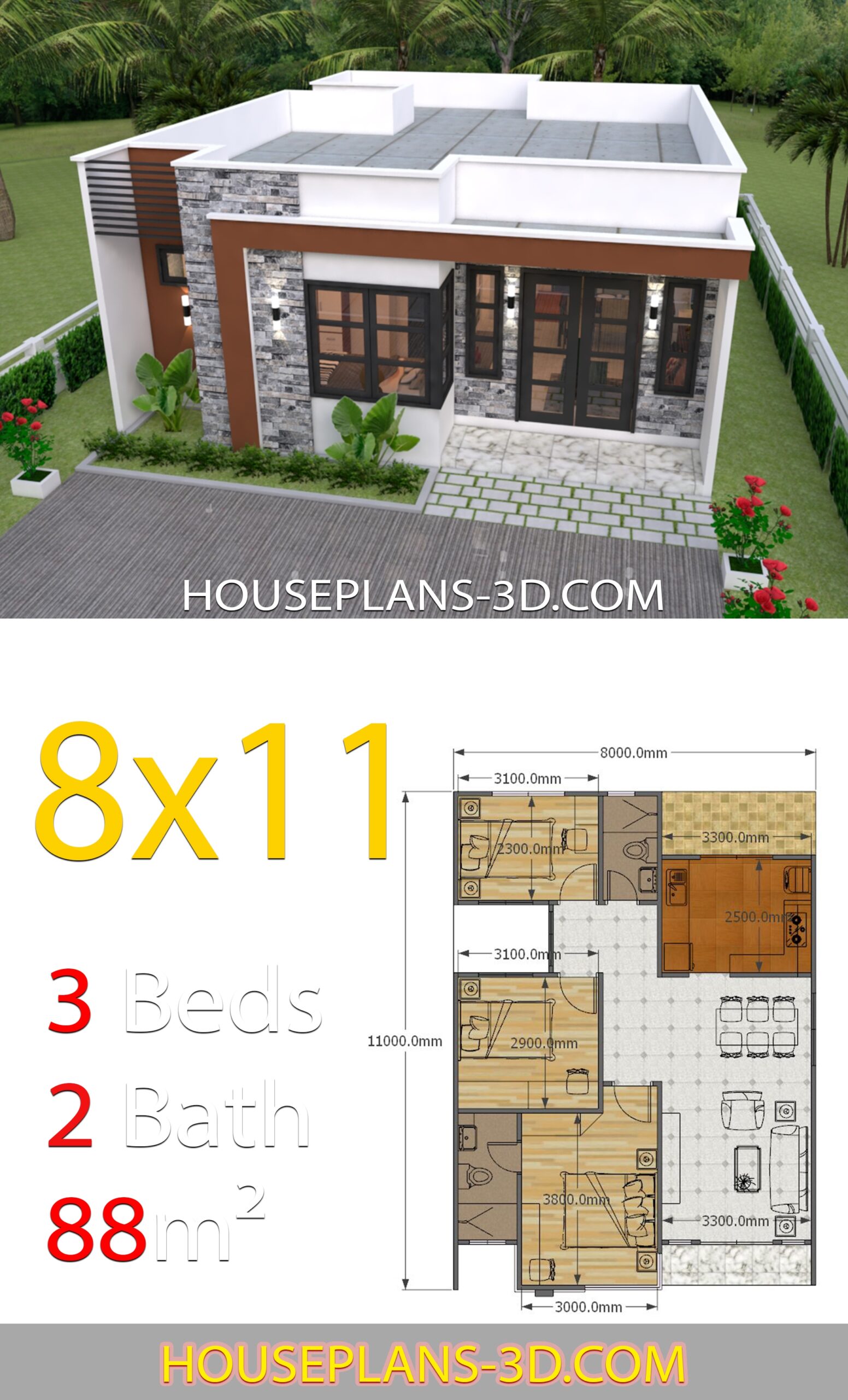 House Design 8x11 With 3 Bedrooms Full Plans House Plans 3D