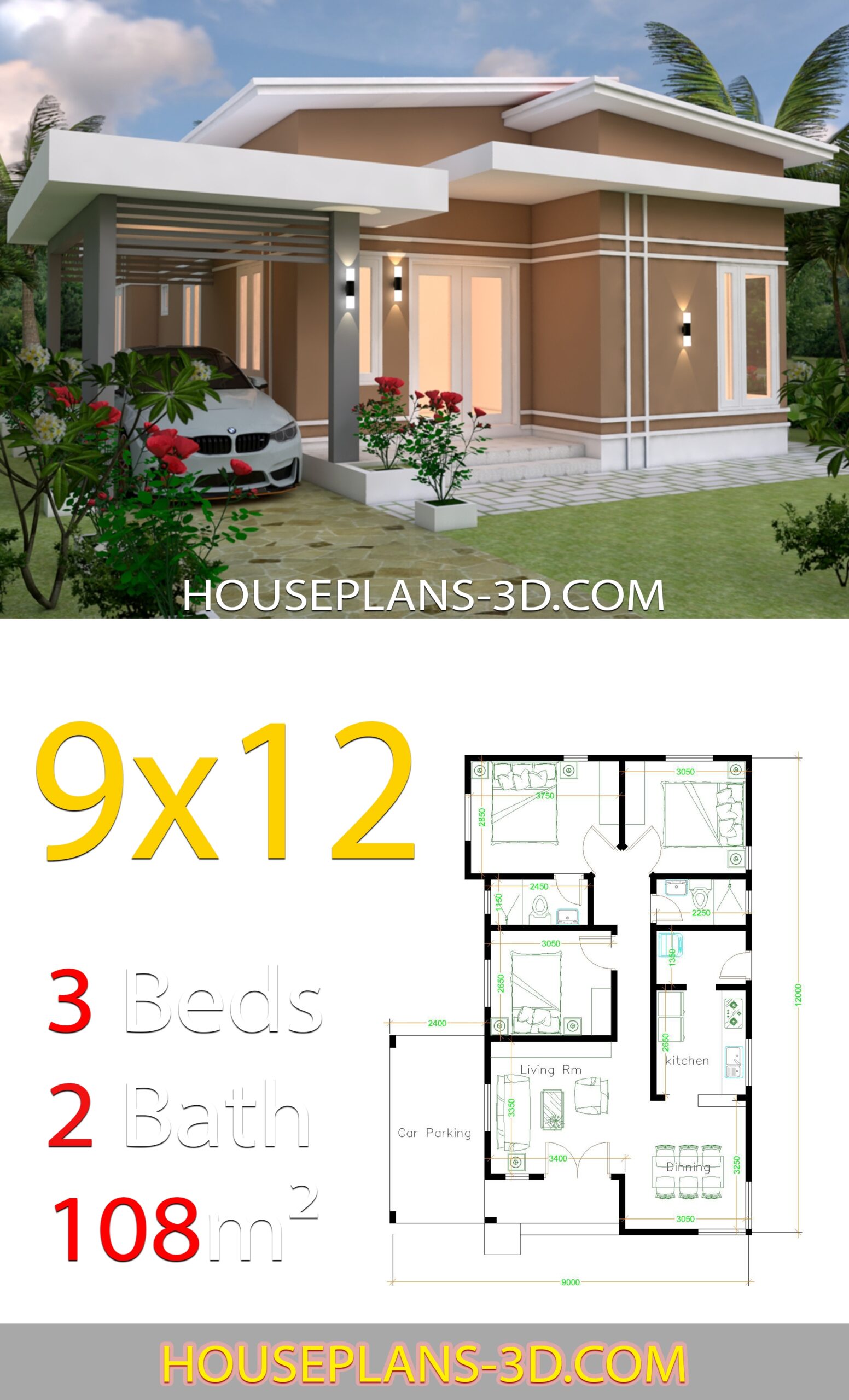 House Design 9x12 With 3 Bedrooms Slop Roof House Plans 3D House Design 9x12 With 3 Bedrooms Slop Roof House Plans 3D