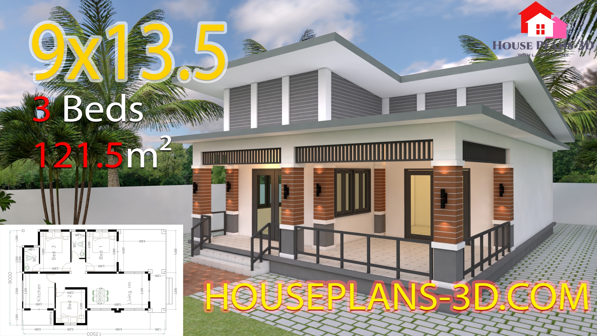 House Design 9x13 5 With 3 Bedrooms Slop Roof House Plans 3D