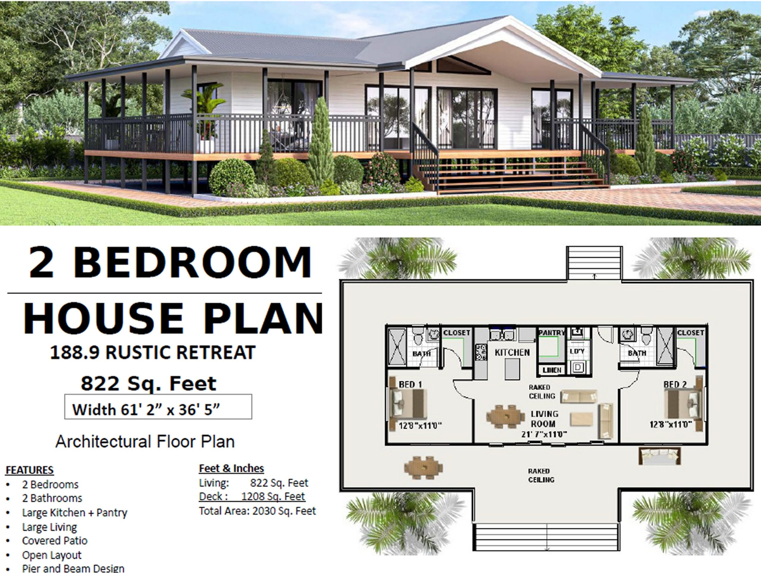 House Plan 188 9 Discover Exquisite Home Plans 61 2 X 36 5 Pier And Beam Design 800 Sq Ft 2 Bed 2 Bath Verandah Raked Ceilings Etsy