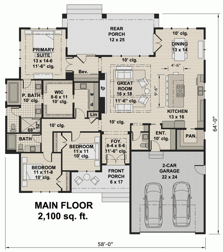 House Plan 41944 New American Style With 2100 Sq Ft 3 Bed 2 B