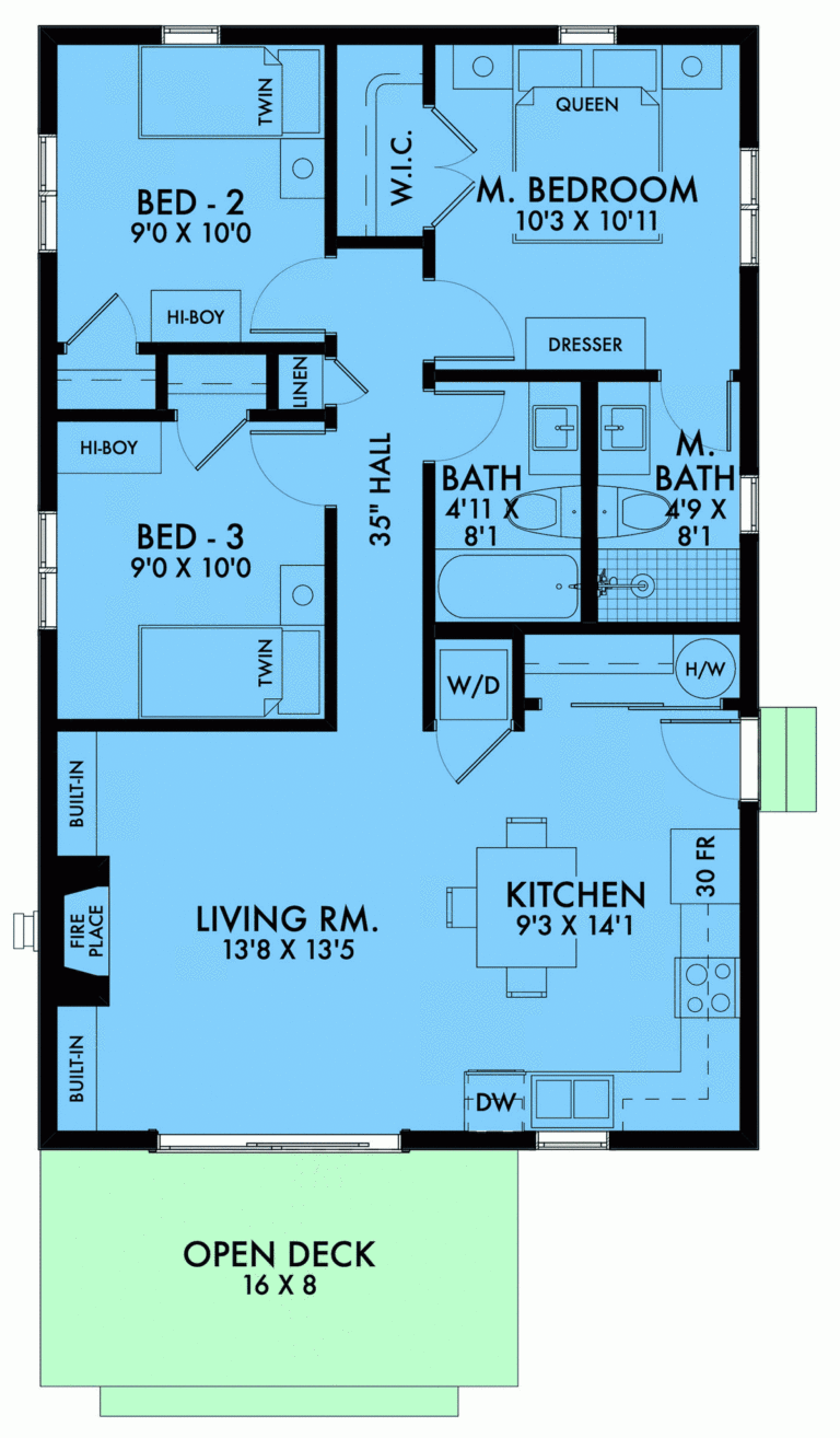 House Plan 42909 Traditional Style With 900 Sq Ft 3 Bed 2 Bat